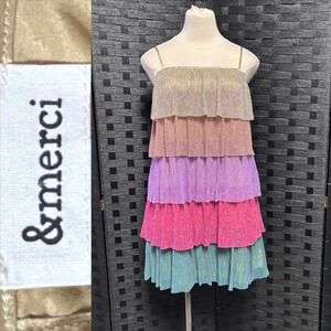 &merci Tiered Ruffle Mini Dress Womens Small Multicolor Metallic Ombre Excellent